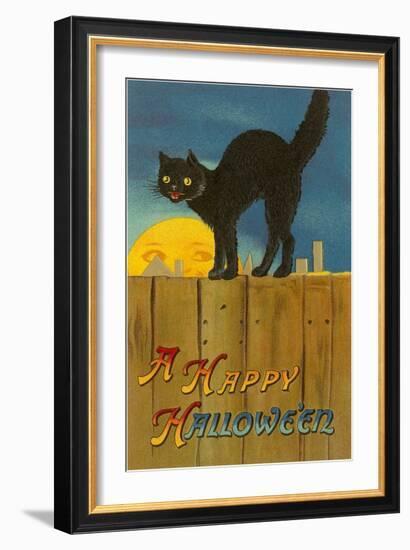 A Happy Halloween, Cat on Fence-null-Framed Art Print