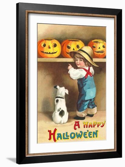 A Happy Halloween, Dog and Boy with Jack O'Lanterns-null-Framed Art Print