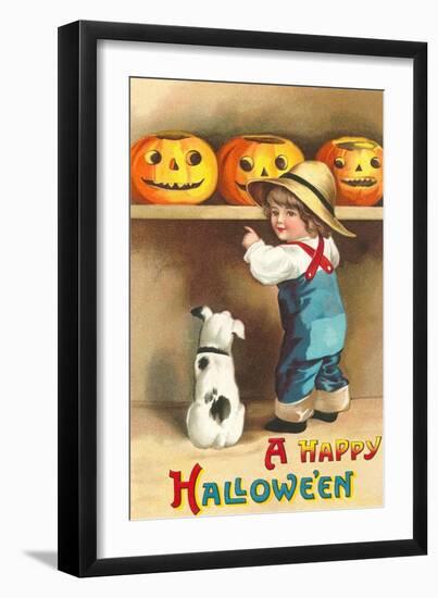 A Happy Halloween, Dog and Boy with Jack O'Lanterns-null-Framed Art Print