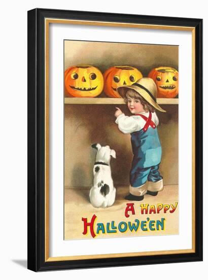 A Happy Halloween, Dog and Boy with Jack O'Lanterns-null-Framed Art Print