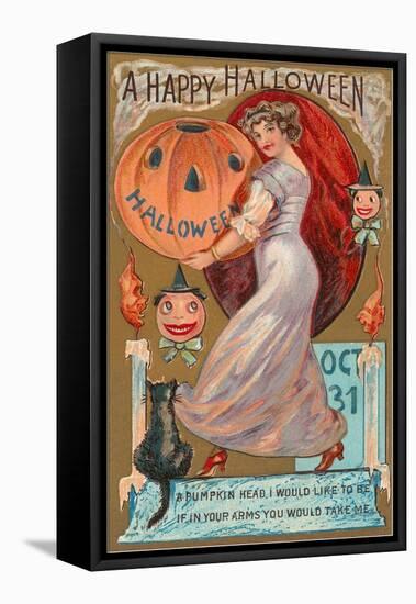A Happy Halloween, Victorian Lady with Jack O'Lantern-null-Framed Stretched Canvas