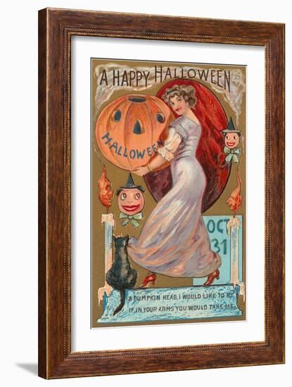 A Happy Halloween, Victorian Lady with Jack O'Lantern-null-Framed Art Print