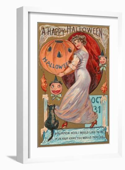 A Happy Halloween, Victorian Lady with Jack O'Lantern-null-Framed Art Print