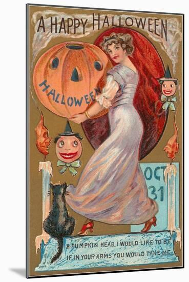 A Happy Halloween, Victorian Lady with Jack O'Lantern-null-Mounted Art Print