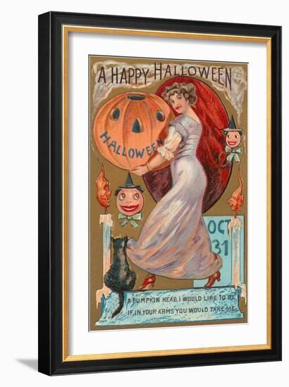 A Happy Halloween, Victorian Lady with Jack O'Lantern-null-Framed Art Print