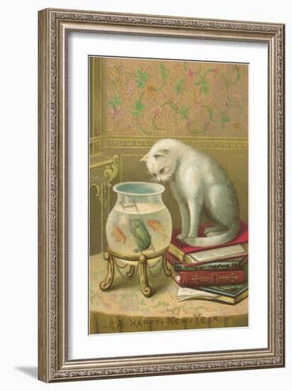 A Happy New Year, Cat Watching Frog and Fish in Bowl-null-Framed Premium Giclee Print