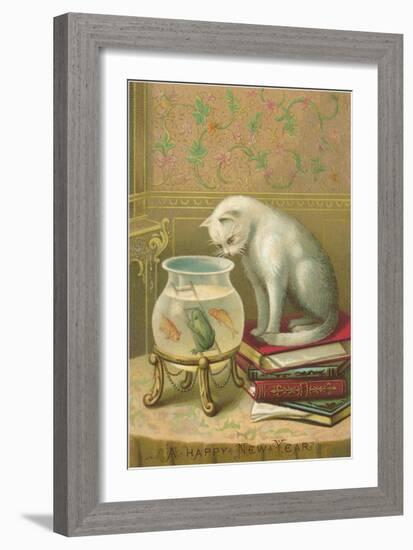 A Happy New Year, Cat Watching Frog and Fish in Bowl-null-Framed Premium Giclee Print