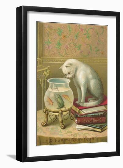 A Happy New Year, Cat Watching Frog and Fish in Bowl-null-Framed Premium Giclee Print