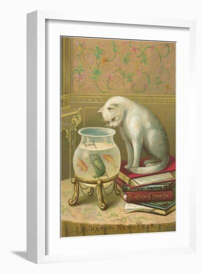 A Happy New Year, Cat Watching Frog and Fish in Bowl-null-Framed Premium Giclee Print