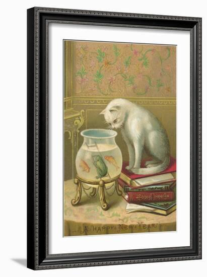 A Happy New Year, Cat Watching Frog and Fish in Bowl-null-Framed Premium Giclee Print