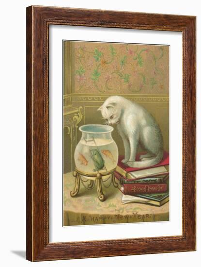 A Happy New Year, Cat Watching Frog and Fish in Bowl-null-Framed Art Print