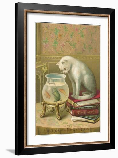 A Happy New Year, Cat Watching Frog and Fish in Bowl-null-Framed Art Print