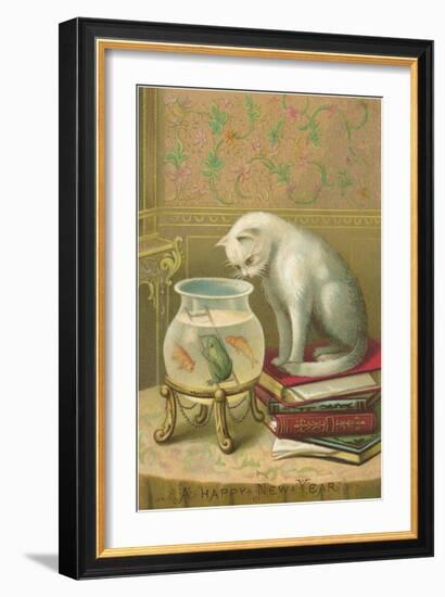 A Happy New Year, Cat Watching Frog and Fish in Bowl-null-Framed Art Print