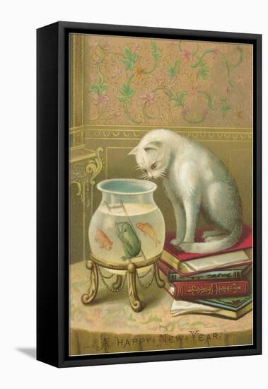 A Happy New Year, Cat Watching Frog and Fish in Bowl-null-Framed Stretched Canvas
