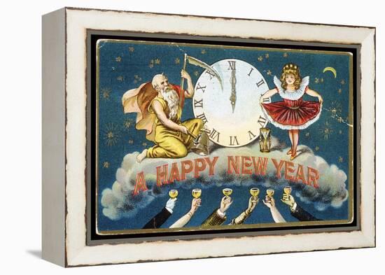 A Happy New Year Postcard with Father Time and a Young Girl-null-Framed Premier Image Canvas