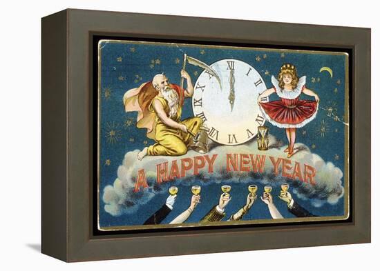 A Happy New Year Postcard with Father Time and a Young Girl-null-Framed Premier Image Canvas