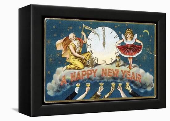 A Happy New Year Postcard with Father Time and a Young Girl-null-Framed Premier Image Canvas