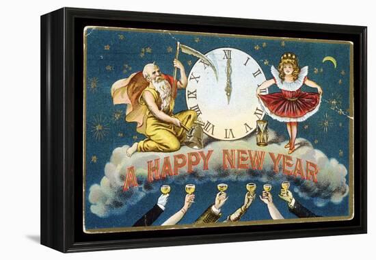 A Happy New Year Postcard with Father Time and a Young Girl-null-Framed Premier Image Canvas