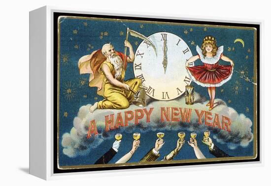 A Happy New Year Postcard with Father Time and a Young Girl-null-Framed Premier Image Canvas