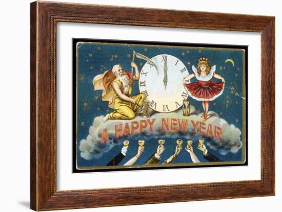 A Happy New Year Postcard with Father Time and a Young Girl-null-Framed Giclee Print