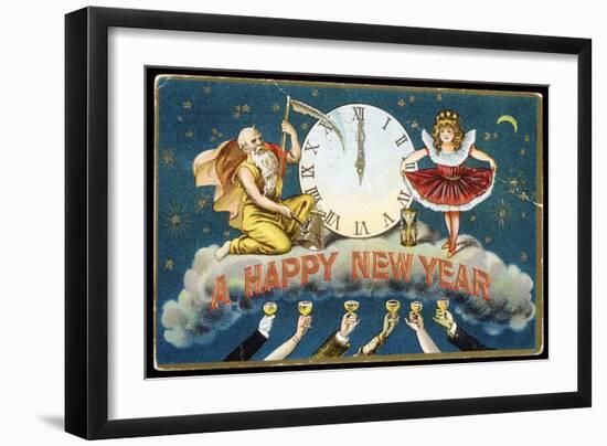 A Happy New Year Postcard with Father Time and a Young Girl-null-Framed Giclee Print