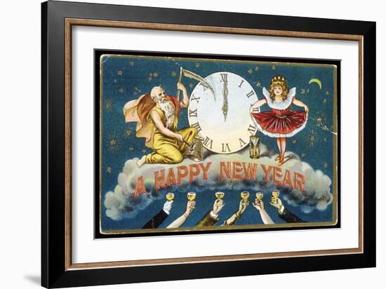 A Happy New Year Postcard with Father Time and a Young Girl-null-Framed Giclee Print