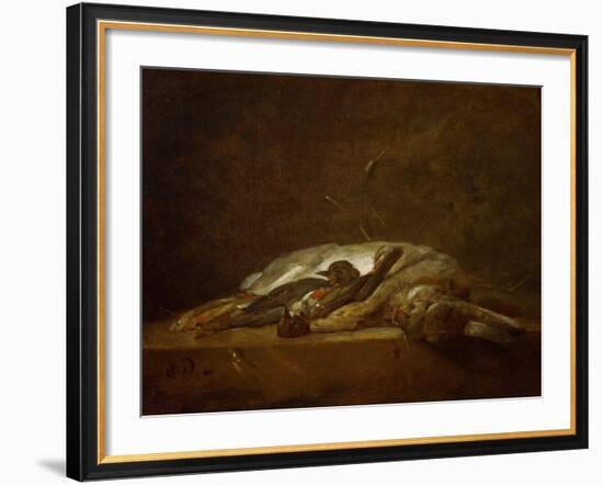 A Hare, Two Dead Thrushes, a Few Stalks of Straw on a Stone Table, Around 1750-Jean-Baptiste Simeon Chardin-Framed Giclee Print