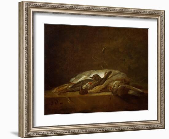 A Hare, Two Dead Thrushes, a Few Stalks of Straw on a Stone Table, Around 1750-Jean-Baptiste Simeon Chardin-Framed Giclee Print