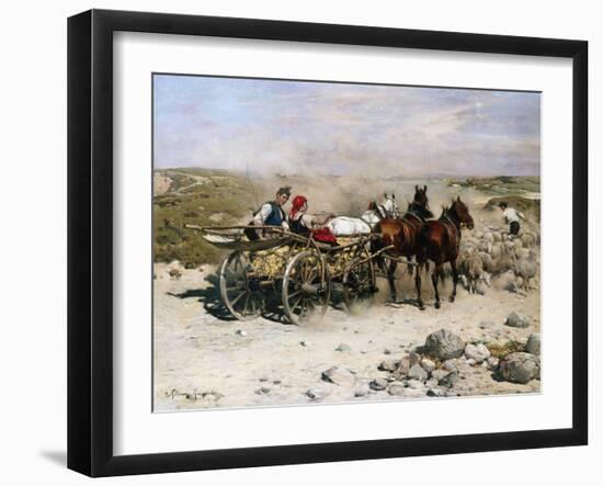 A Haycart, a Shepherd and His Flock on a Country Lane-Alfred von Kowalski-Wierusz-Framed Giclee Print