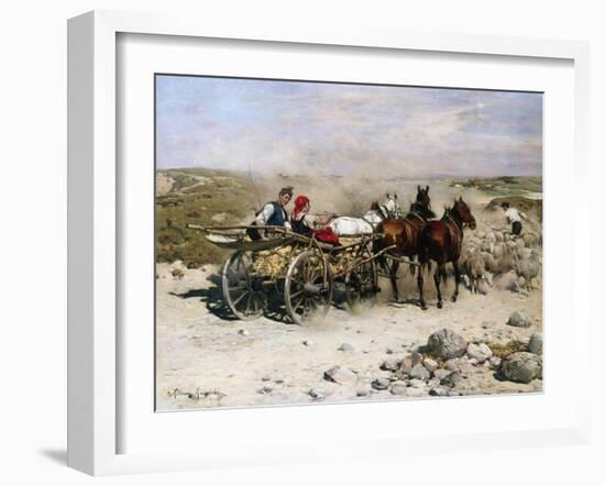 A Haycart, a Shepherd and His Flock on a Country Lane-Alfred von Kowalski-Wierusz-Framed Giclee Print