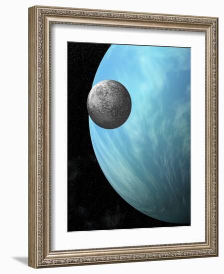 A Heavily Cratered Moon in Orbit around a Water Covered Planet-null-Framed Art Print