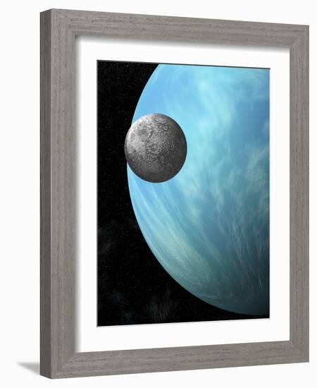 A Heavily Cratered Moon in Orbit around a Water Covered Planet-null-Framed Art Print