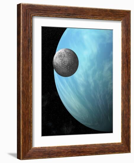 A Heavily Cratered Moon in Orbit around a Water Covered Planet-null-Framed Art Print