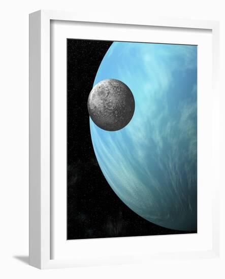 A Heavily Cratered Moon in Orbit around a Water Covered Planet-null-Framed Art Print