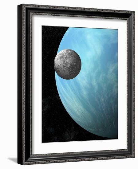 A Heavily Cratered Moon in Orbit around a Water Covered Planet-null-Framed Art Print