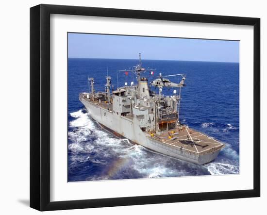 A Helicopter Clears the Flight Deck of Military Sealift Command Ammunition Ship Usns Flint-Stocktrek Images-Framed Photographic Print