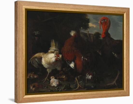 A Hen, Rooster and Turkey in a Farmyard-Melchior de Hondecoeter-Framed Premier Image Canvas