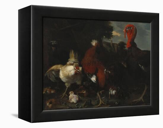 A Hen, Rooster and Turkey in a Farmyard-Melchior de Hondecoeter-Framed Premier Image Canvas