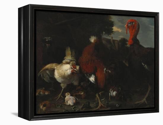 A Hen, Rooster and Turkey in a Farmyard-Melchior de Hondecoeter-Framed Premier Image Canvas