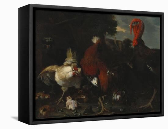 A Hen, Rooster and Turkey in a Farmyard-Melchior de Hondecoeter-Framed Premier Image Canvas