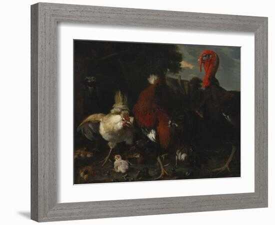 A Hen, Rooster and Turkey in a Farmyard-Melchior de Hondecoeter-Framed Giclee Print