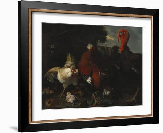 A Hen, Rooster and Turkey in a Farmyard-Melchior de Hondecoeter-Framed Giclee Print