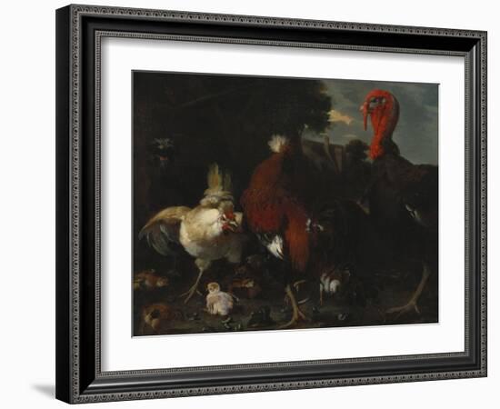 A Hen, Rooster and Turkey in a Farmyard-Melchior de Hondecoeter-Framed Giclee Print