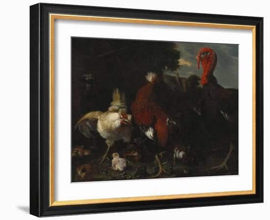 A Hen, Rooster and Turkey in a Farmyard-Melchior de Hondecoeter-Framed Giclee Print