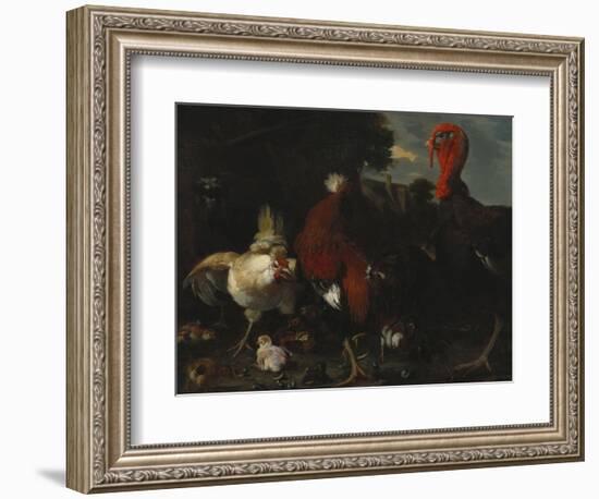 A Hen, Rooster and Turkey in a Farmyard-Melchior de Hondecoeter-Framed Giclee Print