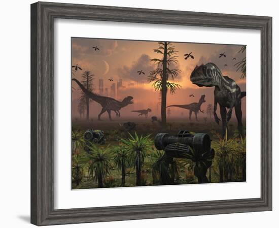 A Herd of Allosaurus Dinosaur Cause Chaos-Stocktrek Images-Framed Photographic Print