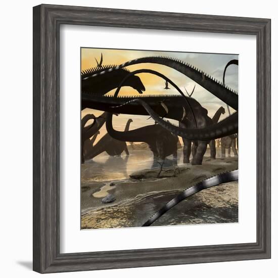 A Herd of Argentinosaurus Marching Along the Side of a Beach-Stocktrek Images-Framed Art Print