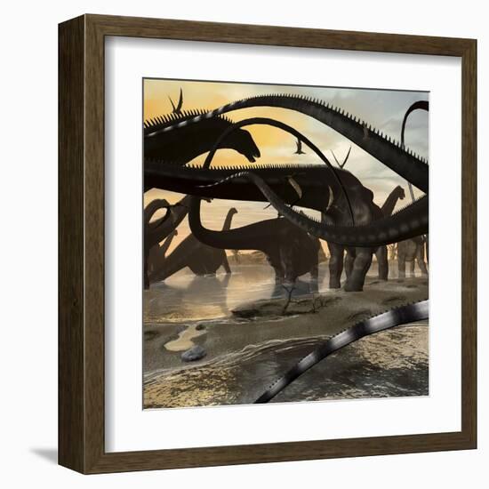 A Herd of Argentinosaurus Marching Along the Side of a Beach-Stocktrek Images-Framed Art Print