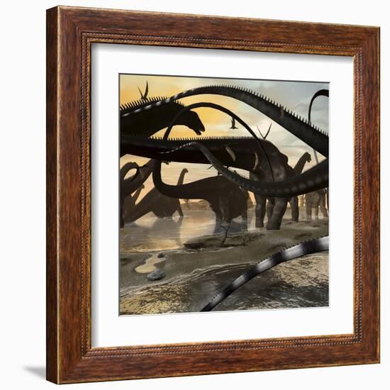 A Herd of Argentinosaurus Marching Along the Side of a Beach-Stocktrek Images-Framed Art Print