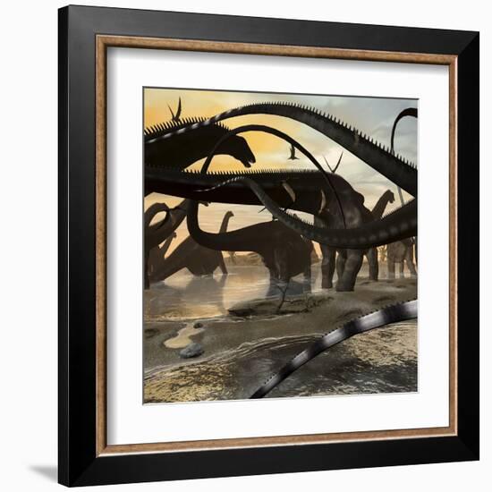 A Herd of Argentinosaurus Marching Along the Side of a Beach-Stocktrek Images-Framed Art Print